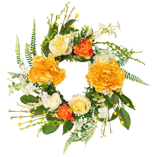Hydrangea and Rose Artificial Floral Twig Wreath - Orange - 16"