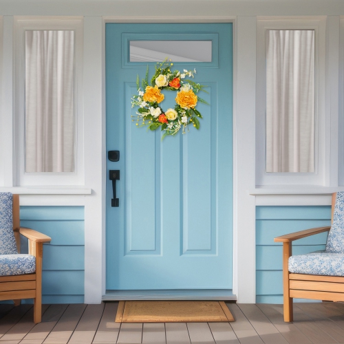 Hydrangea and Rose Artificial Floral Twig Wreath - Orange - 16"