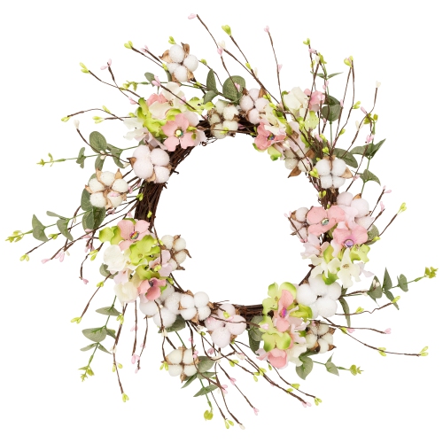 18-Inch Pink and Green Hydrangeas with Cotton Artificial Floral Wreath