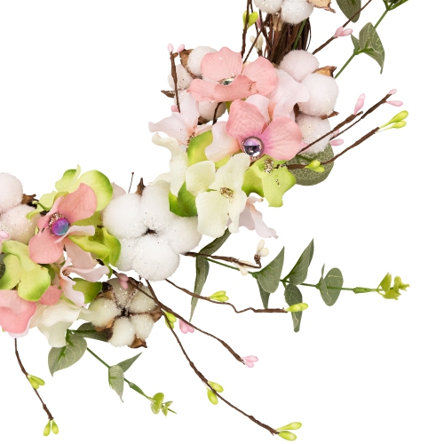 18-Inch Pink and Green Hydrangeas with Cotton Artificial Floral Wreath