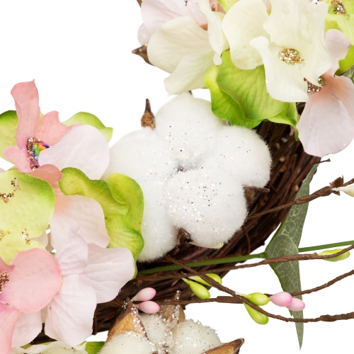 18-Inch Pink and Green Hydrangeas with Cotton Artificial Floral Wreath