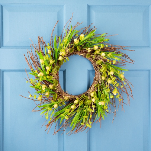 NORTHLIGHT  Budding Flowers, Leaves And Twigs Artificial Floral Wreath - 20" - In Yellow