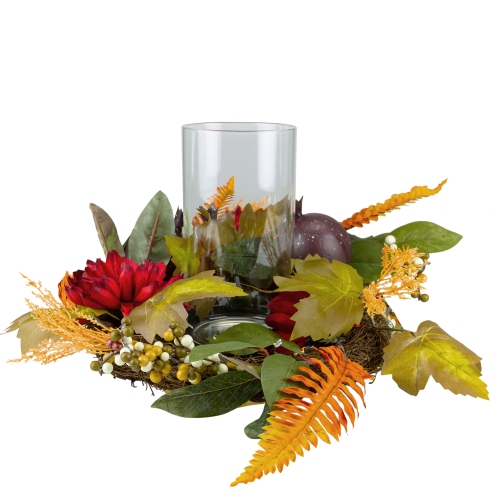 22" Mums with Pomegranate Fall Candle Holder Centerpiece
