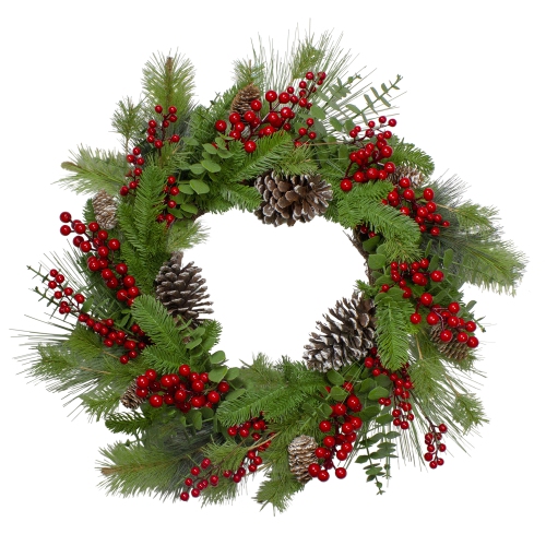 NORTHLIGHT  Holly Berries And Snowy Pinecones Artificial Christmas Wreath - 24" - Unlit