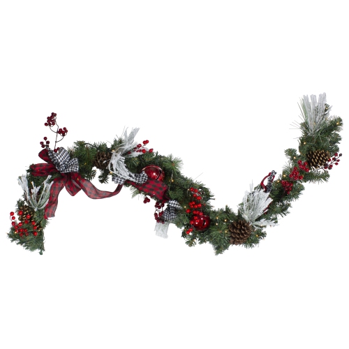 NORTHLIGHT  6' X 12" Pre-Lit Plaid Bows And Berries Artificial Christmas Garland - Warm White Lights In Red