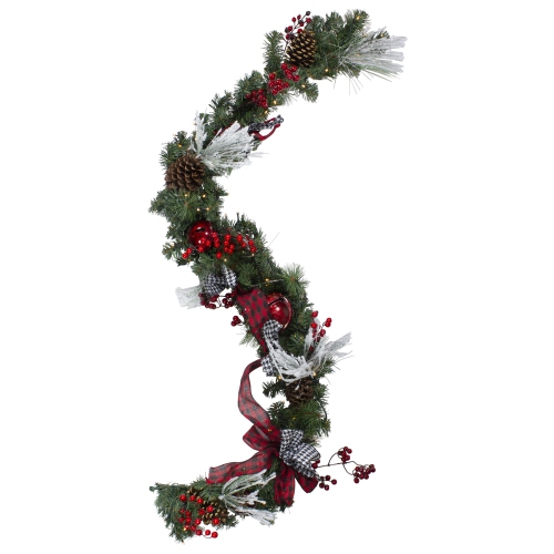 6' x 12" Pre-Lit Plaid Bows and Red Berries Artificial Christmas Garland - Warm White Lights