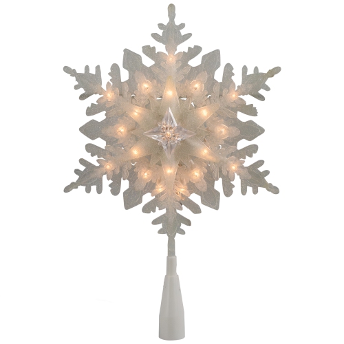 NORTHLIGHT  10" Lighted Frosted 3-D Snowflake Christmas Tree Topper - Clear Lights In White