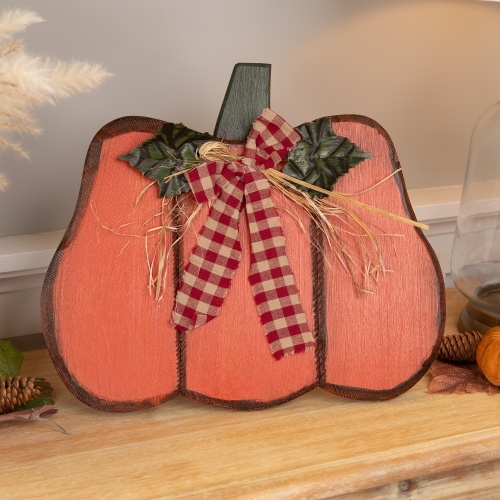 NORTHLIGHT  Wooden Pumpkin With Gingham Bow Fall Harvest Decoration - 15.25"