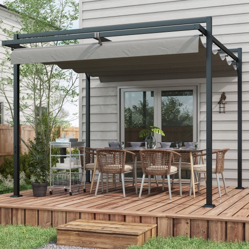 Abri rétractable pour pergola de 10 x 10 pi Outsunny, abri pare-soleil extérieur pour abri de jardin pour gril, terrasse, terrasse, gris foncé