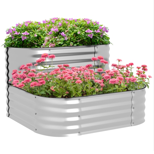 OUTSUNNY  2-Tier Raised Garden Bed Kit, 3.4X3.4X1Ft Outdoor Galvanized Planter Box With Safety Edging for Vegetables, Flowers, Fruits And Herbs