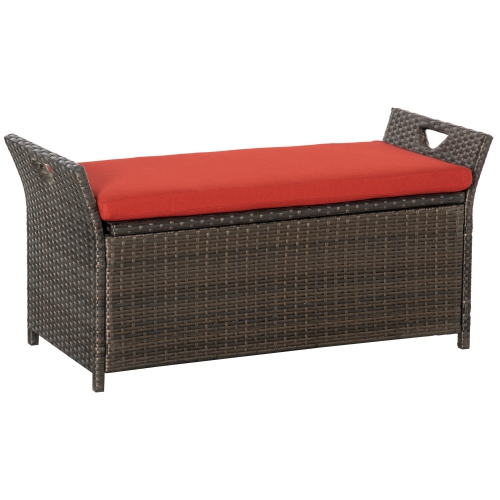 Image 1 of 9.. Outsunny 2-In-1 Patio Wicker Storage Bench, 29 Gallon Outdoor PE Rattan Patio Furniture, Large Capacity Rectangle Basket Box with Handles and