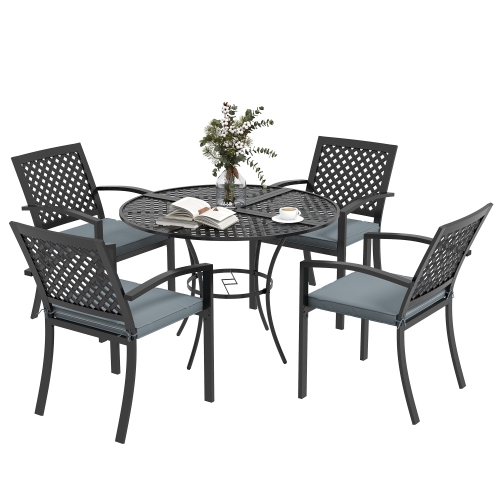 Outsunny 5-Piece Outdoor Dining Set with 4 Stackable Cushioned Armchairs, Patio Furniture Sets with Umbrella Hole Metal Plate Table, for Garden Deck