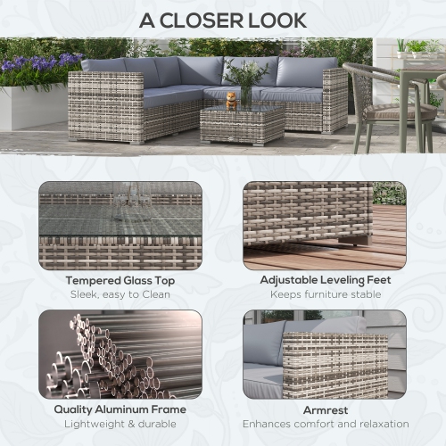 Outsunny 4 Pieces Garden Rattan Furniture Set, Wicker Patio Furniture Outdoor Conversation Set with Corner Sofa Loveseats Coffee Table Cushions for