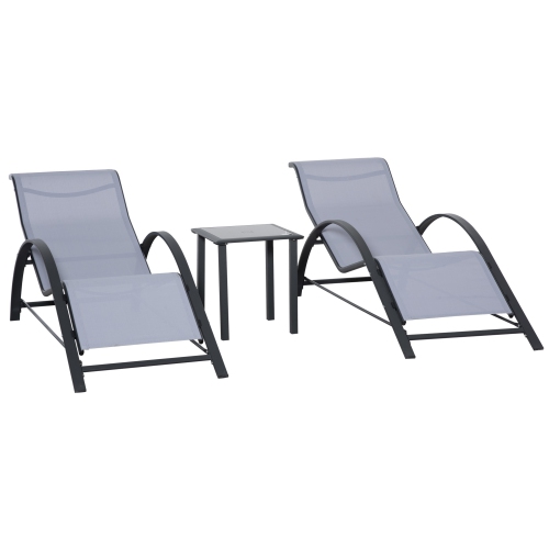 Outsunny 3 Pieces Patio Pool Lounge Chairs Set, Outdoor Chaise lounge with 2 S-Shaped Sunbathing Chairs and a Glass Top Table, for Yard Garden, Light