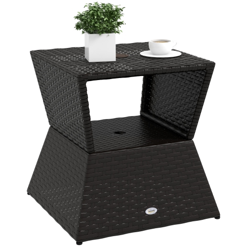 Table basse d'extérieur en rotin Outsunny, table d'appoint toutes saisons avec trou pour parasol, 2 tablettes de rangement, table d'extrémité carrée