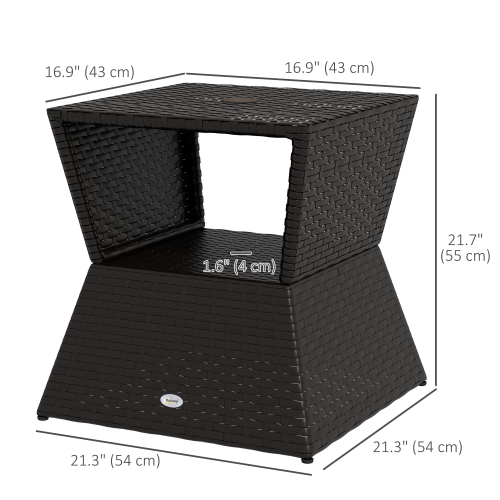 Table basse d'extérieur en rotin Outsunny, table d'appoint toutes saisons avec trou pour parasol, 2 tablettes de rangement, table d'extrémité carrée
