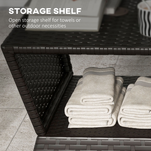 Table basse d'extérieur en rotin Outsunny, table d'appoint toutes saisons avec trou pour parasol, 2 tablettes de rangement, table d'extrémité carrée