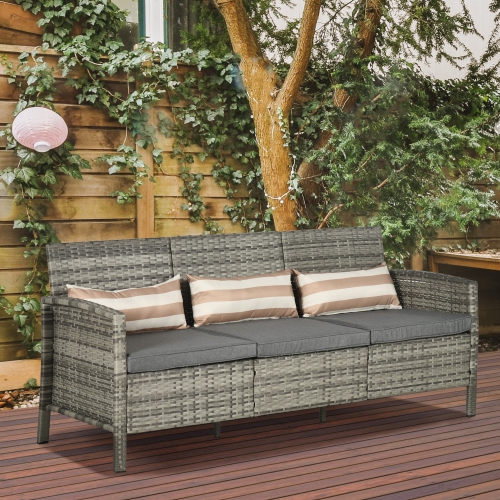 Outsunny 3-Seater Wicker Outdoor Sofa with Cushions and Pillows, PE Rattan Outdoor Couch, Steel Frame Patio Couch Conversation Furniture for Garden