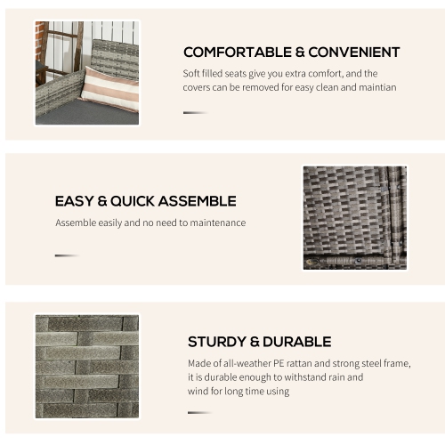 Outsunny 3-Seater Wicker Outdoor Sofa with Cushions and Pillows, PE Rattan Outdoor Couch, Steel Frame Patio Couch Conversation Furniture for Garden