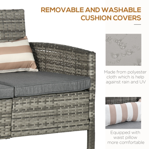 Outsunny 3-Seater Wicker Outdoor Sofa with Cushions and Pillows, PE Rattan Outdoor Couch, Steel Frame Patio Couch Conversation Furniture for Garden