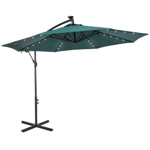 Parasol en porte-à-faux d'extérieur avec lampes solaires et parasol en forme de banane à angle réglable d'Outsunny 10&nbsp;pi, vert foncé