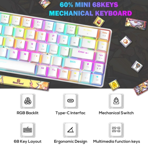 Mechanical Gaming Keyboard Mini Compact Wired 18 Chroma RGB Backlit Anime PBT Keycaps Portable Full 68 Keys Anti-ghosting Compatible with PS4, PS5,