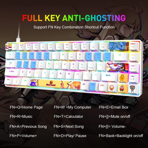 Mechanical Gaming Keyboard Mini Compact Wired 18 Chroma RGB Backlit Anime PBT Keycaps Portable Full 68 Keys Anti-ghosting Compatible with PS4, PS5,