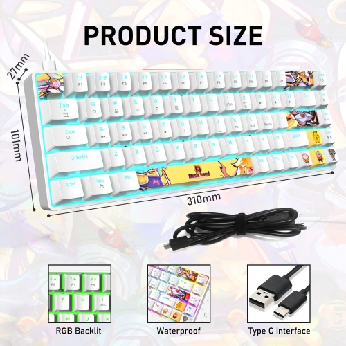Mechanical Gaming Keyboard Mini Compact Wired 18 Chroma RGB Backlit Anime PBT Keycaps Portable Full 68 Keys Anti-ghosting Compatible with PS4, PS5,