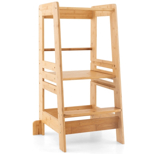 GYMAX  Kids Kitchen Step Stool Kids Standing Tower With Safety Rails Nature