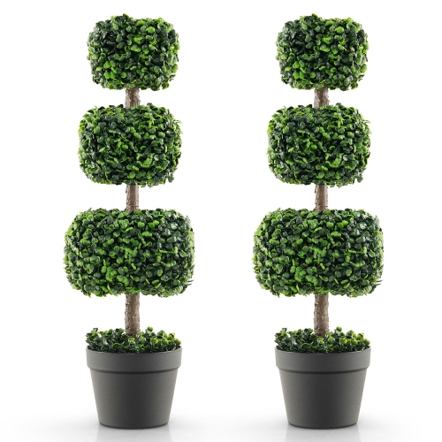 GYMAX  2 PCs 35" Artificial Boxwood Topiary Tree Faux Greenery Plant Fake Tree for Decoration