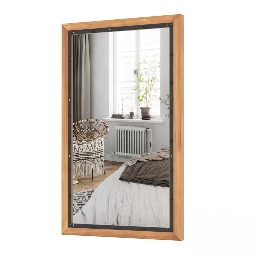 GYMAX  Rustic Wood Mirror Rectangular Frame Decor Wall Mounted Mirror W/ Back Board