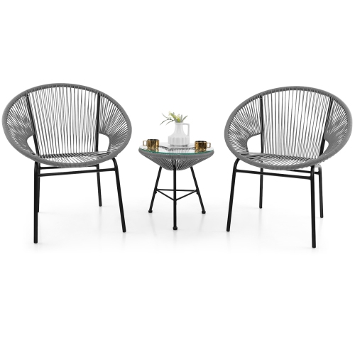 GYMAX  3 Pieces Acapulco Chair Set Wicker Conversation Bistro Set W/ Tempered Glass Table