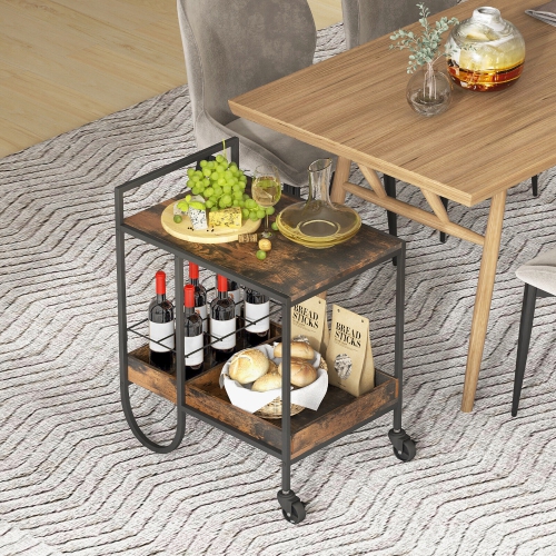 Gymax Industrial Bar Cart Rolling Buffet Serving Cart w/ Removable Wine Rack Kitchen