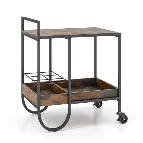 Gymax Industrial Bar Cart Rolling Buffet Serving Cart w/ Removable Wine Rack Kitchen