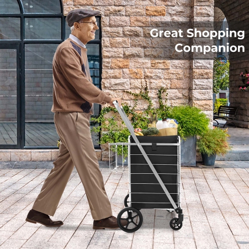 Gymax Folding Shopping Cart Jumbo Upgraded Utility Grocery Cart w/ Waterproof Liner