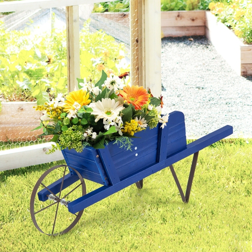 Gymax Wooden Wagon Planter Decorative Indoor/Outdoor Rustic Flower Cart w/Wheel Blue