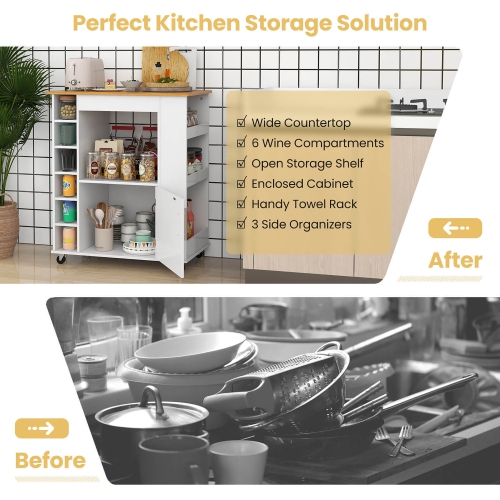 Gymax Kitchen Cart on Wheels Mobile Kitchen Storage Island w/ 6-Bottle Wine Rack