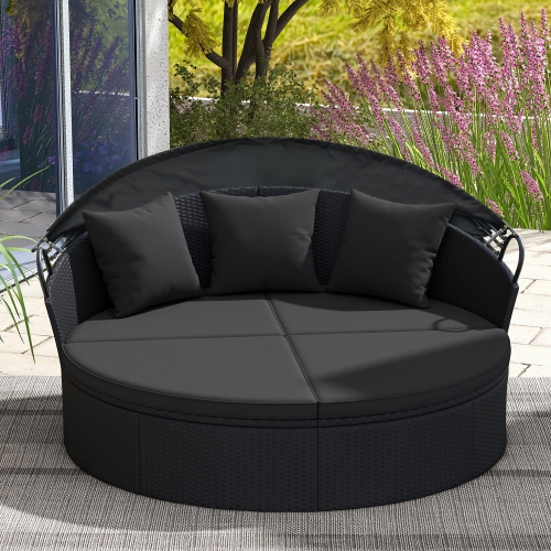 Gymax Patio Round Daybed Wicker Daybed w/ Retractable Canopy Separated Seating Sectional Sofa