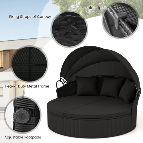 Gymax Patio Round Daybed Wicker Daybed w/ Retractable Canopy Separated Seating Sectional Sofa