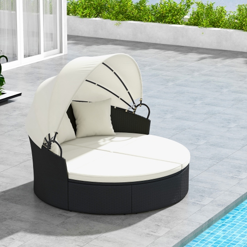 Gymax Patio Round Daybed Wicker Daybed w/ Retractable Canopy Separated Seating Sectional Sofa