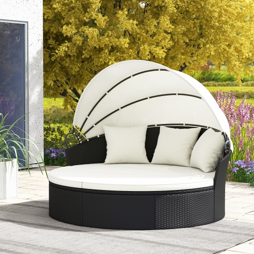 Gymax Patio Round Daybed Wicker Daybed w/ Retractable Canopy Separated Seating Sectional Sofa