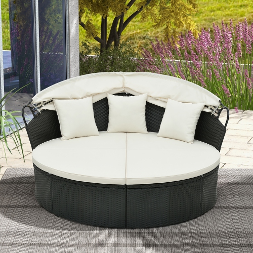 Gymax Patio Round Daybed Wicker Daybed w/ Retractable Canopy Separated Seating Sectional Sofa