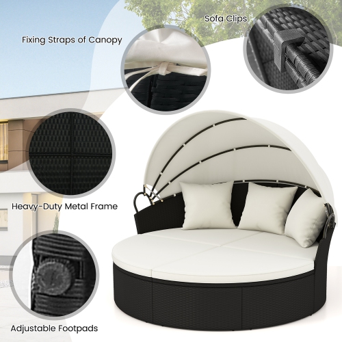 Gymax Patio Round Daybed Wicker Daybed w/ Retractable Canopy Separated Seating Sectional Sofa