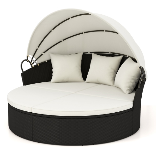 Gymax Patio Round Daybed Wicker Daybed w/ Retractable Canopy Separated Seating Sectional Sofa