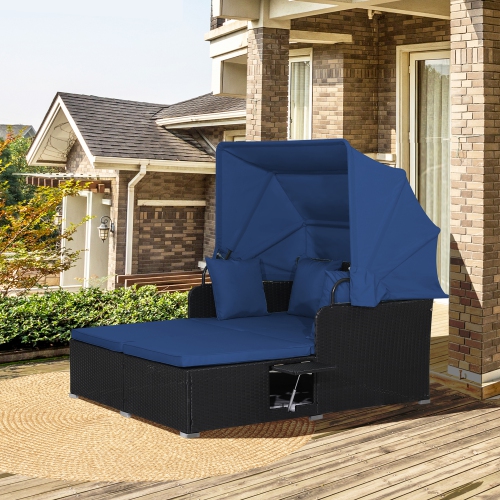 Gymax Patio Hand-Woven PE Wicker Daybed Outdoor Loveseat Sofa Set w/ Navy Cushions