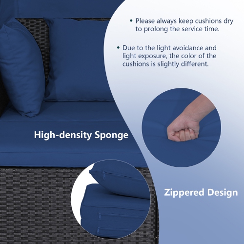 Gymax Patio Hand-Woven PE Wicker Daybed Outdoor Loveseat Sofa Set w/ Navy Cushions