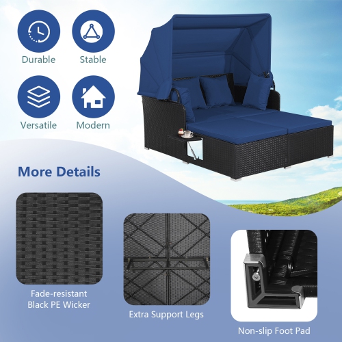 Gymax Patio Hand-Woven PE Wicker Daybed Outdoor Loveseat Sofa Set w/ Navy Cushions