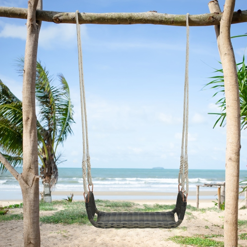 Gymax 1-Person Rattan Porch Swing Single Swing Chair Bench w/ Hanging Hemp Ropes Outdoor