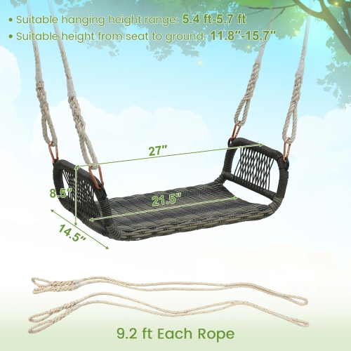 Gymax 1-Person Rattan Porch Swing Single Swing Chair Bench w/ Hanging Hemp Ropes Outdoor