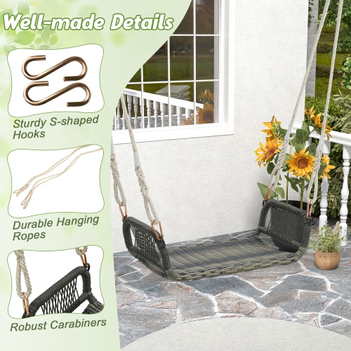 Gymax 1-Person Rattan Porch Swing Single Swing Chair Bench w/ Hanging Hemp Ropes Outdoor